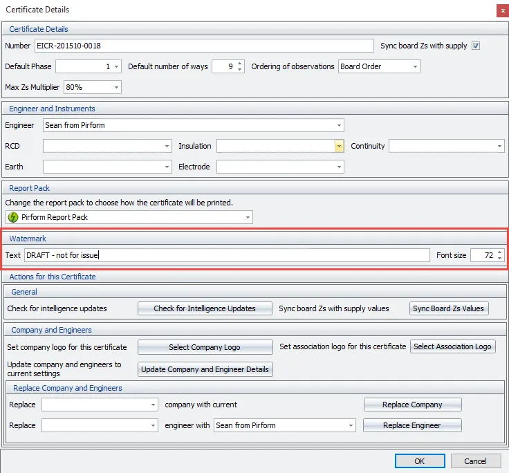 Settings screen in Pirform to add watermark text to a certificate