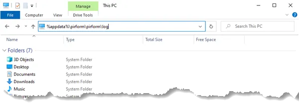 Windows Explorer with %appdata%\pirform\pirform\log typed into the address bar