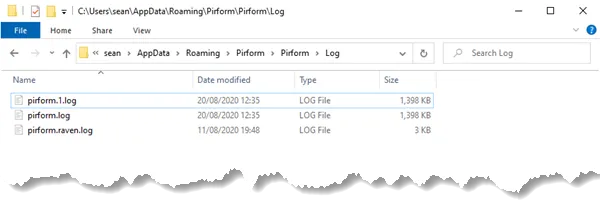 Log folder in Windows Explorer showing one or more files starting with pirform