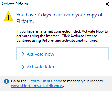 Shine Forms activation window prompting to activate the licence.
