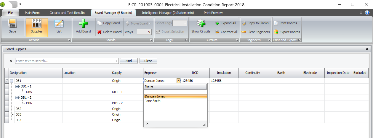 A screenshot of the Board Manager showing editing engineer and instrument details.