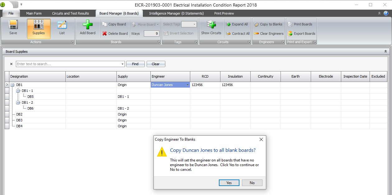 A confirmation dialog showing the Copy to Blanks feature in the Board Manager.