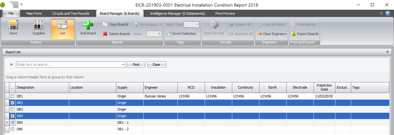A screenshot of the list view in the Board Manager with multiple boards selected.