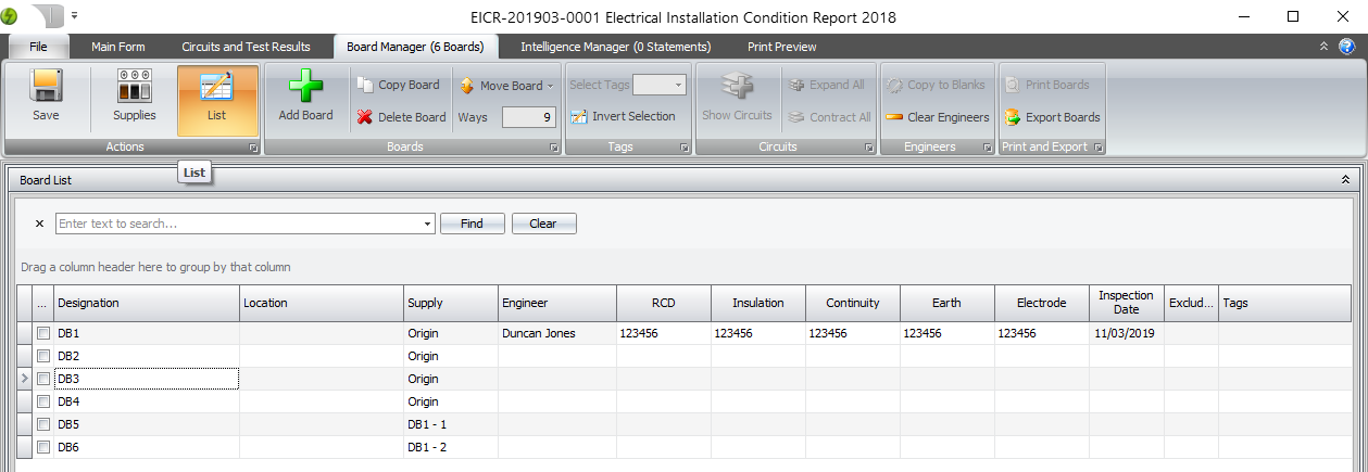 A screenshot of the list view in the Board Manager, showing boards as a plain list.