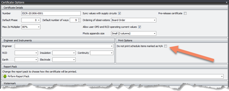 A screenshot of the certificate options screen in Shine Forms, showing settings to exclude schedule items.