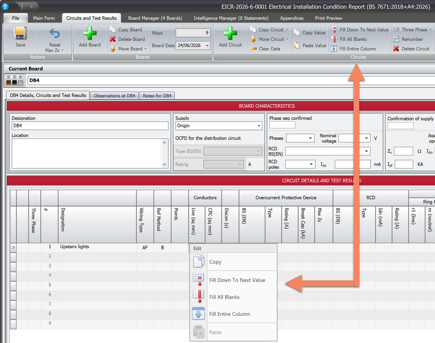 Screenshot showing the menu to copy and paste circuit values in Shine Forms