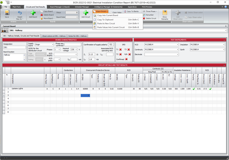 Screenshot showing the Paste Circuit options in Shine Forms