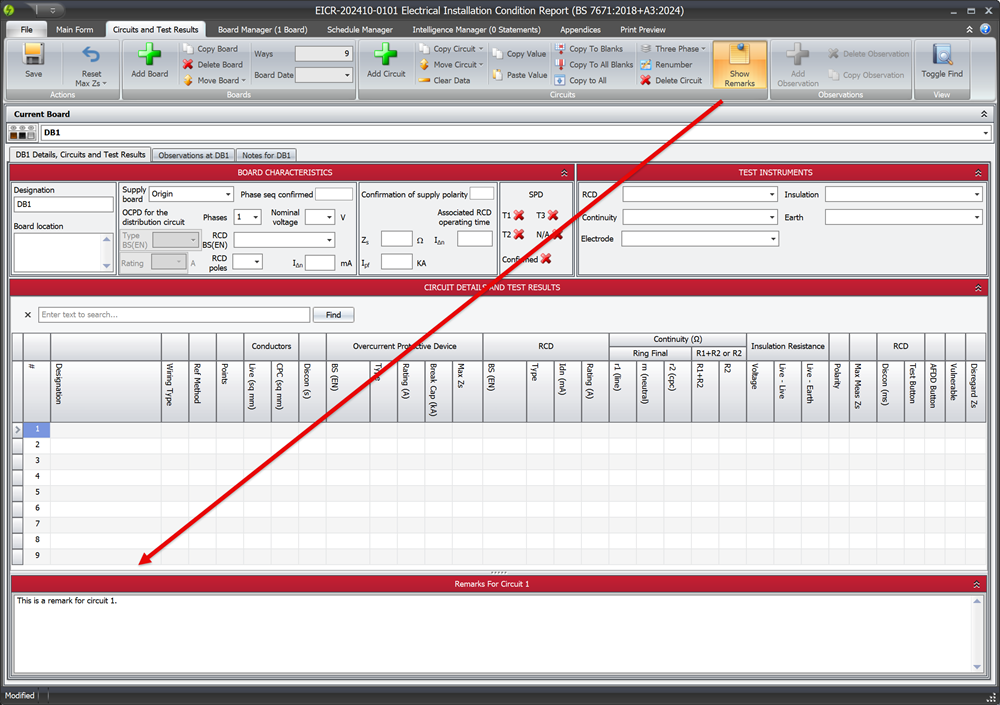 Screenshot highlighting how to add circuit remarks in Shine Forms