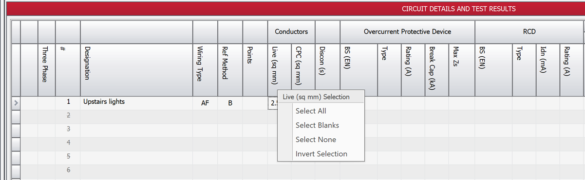 Screenshot showing the cell selection menu after right-clicking the circuits headings