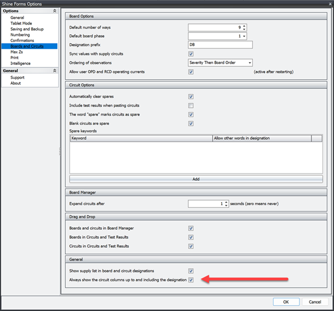 The boards and circuits section of the main options dialog