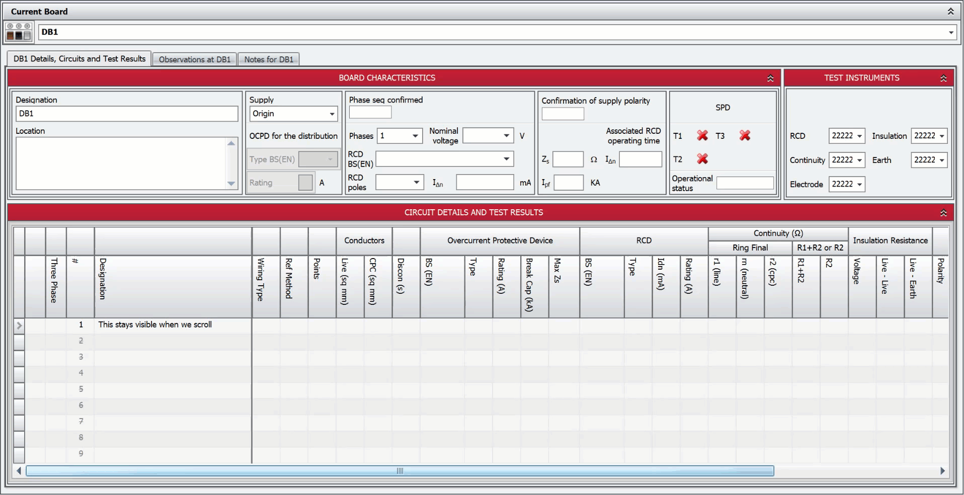 Boards and circuits showing the first columns frozen when scrolling