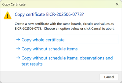 Confirmation dialog in Shine Forms when copying a certificate