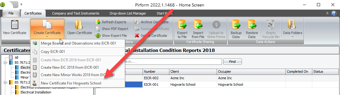 Screenshot showing the option to create a certificate for a customer