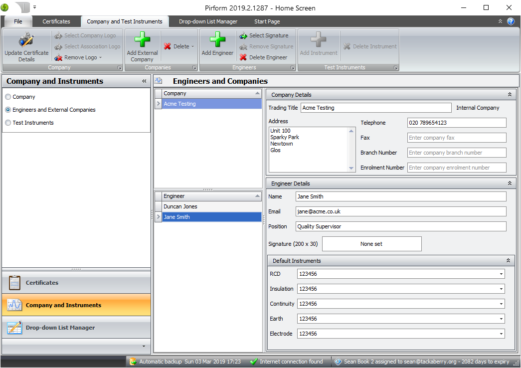 Shine Forms home screen showing the engineers and external companies configuration area
