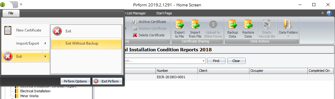 Shine Forms home screen with exit without backup option highlighted