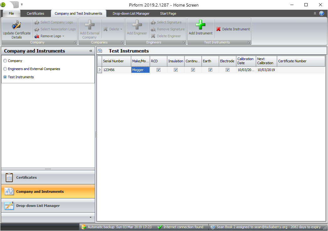 Shine Forms home screen showing the test instruments configuration area