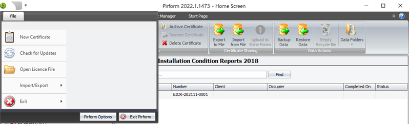 Screenshot of the home screen main menu showing the Open Licence File option