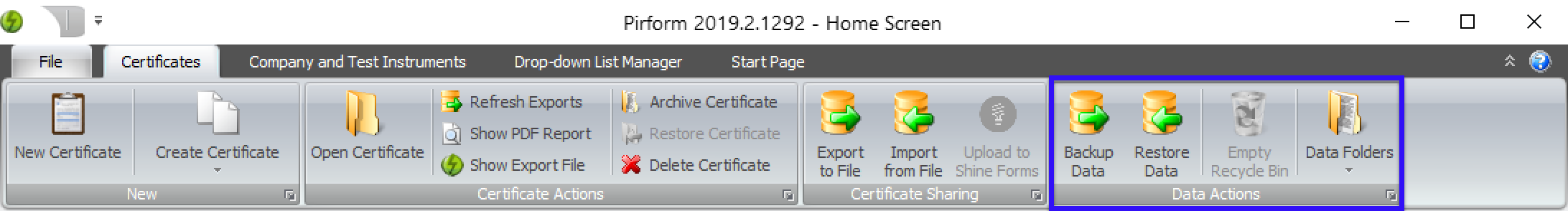 Shine Forms Home Screen showing the Ribbon Data Actions