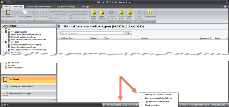 Dropdown menu from the status bar offering options like Copy licence details to clipboard