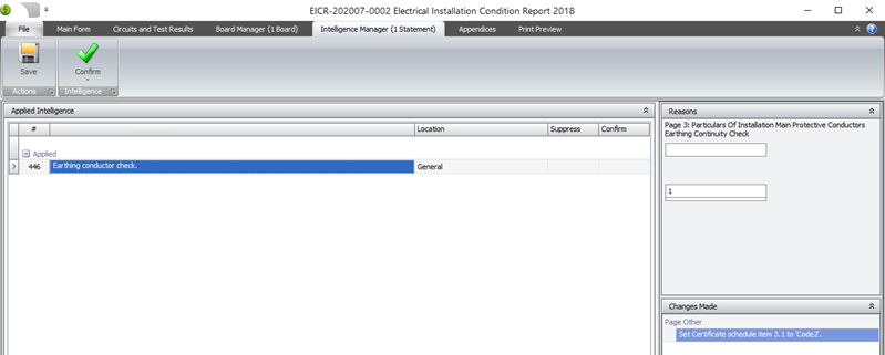 Intelligence Manager displaying intelligence changes triggered by earthing conductor FAIL
