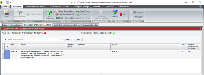 Observation generated for earthing conductor marked as FAIL