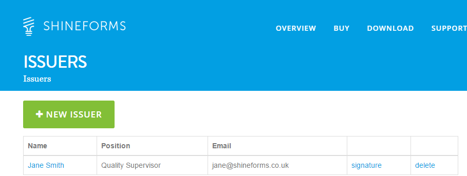 A screenshot showing a list of issuers, including their names, positions, emails, and signatures.