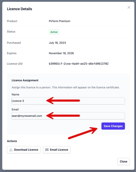 The licence email confirm dialog