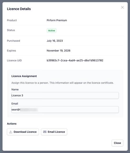 The licence dialog shown after clicking manage