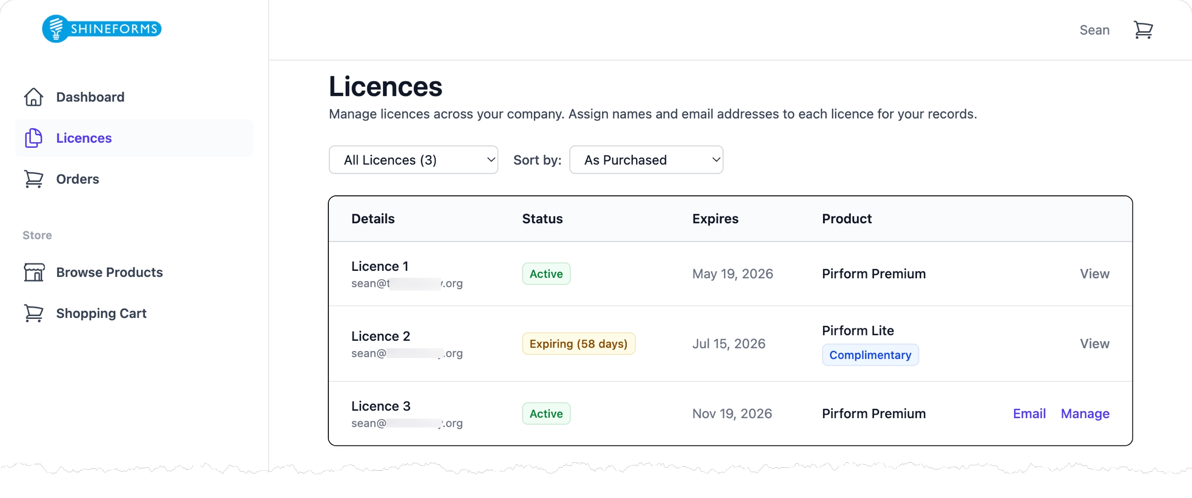 Table showing a list of existing licences stored in the Shine Forms account