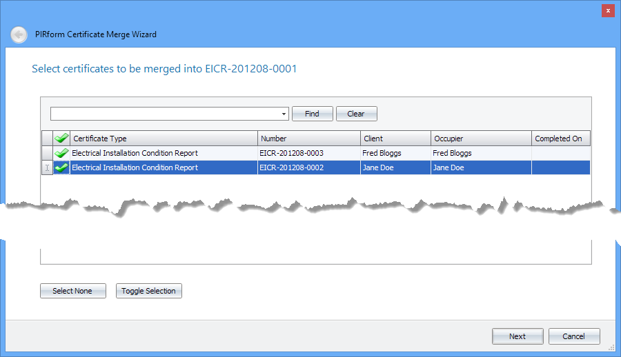 Screenshot of the Shine Forms Merge Certificate Wizard showing the step to select source certificates