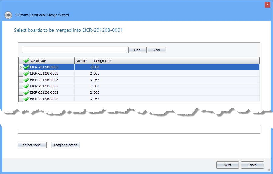 Screenshot of the Shine Forms Merge Certificate Wizard showing the step to select boards from the source certificates
