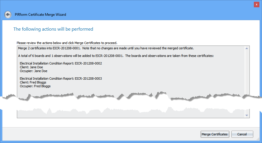 Screenshot of the final review step in the Shine Forms Merge Certificate Wizard showing a summary of the changes