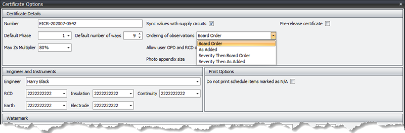 Certificate options for ordering observations in Shine Forms