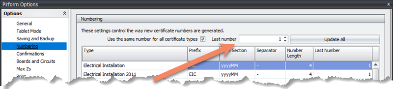 Screenshot of the Numbering Adjust dialog, showing where to update the last used certificate number.