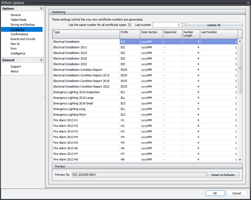 Screenshot of the Shine Forms Options page, highlighting the Numbering section.