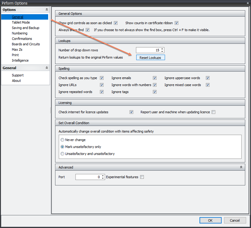 The button in Shine Forms settings that resets the dropdown list values