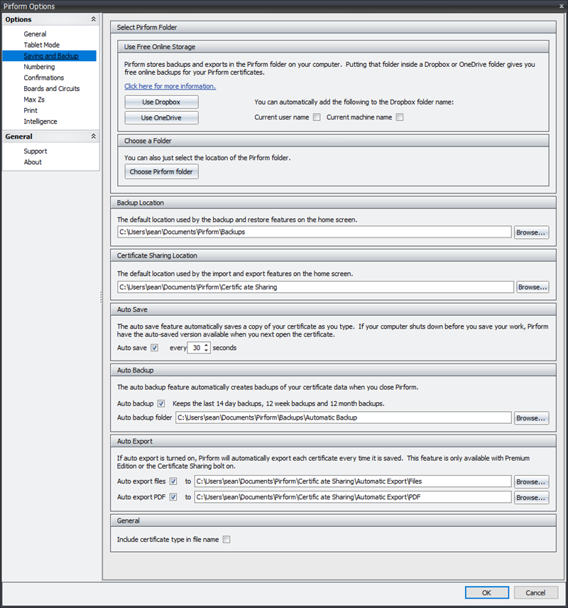 Shine Forms options showing saving and backup configuration