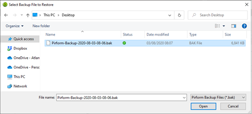File selection dialog to choose a backup file for restoring certificates.