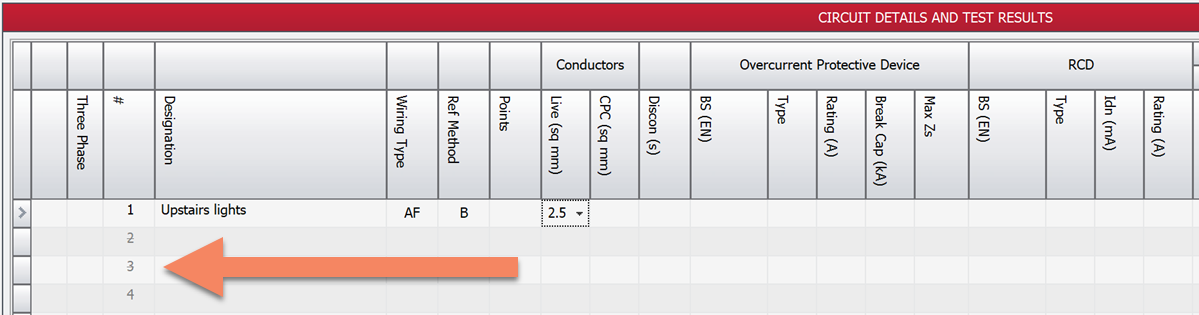 Screenshot showing the font used for spare circuits in the circuits and test results grid