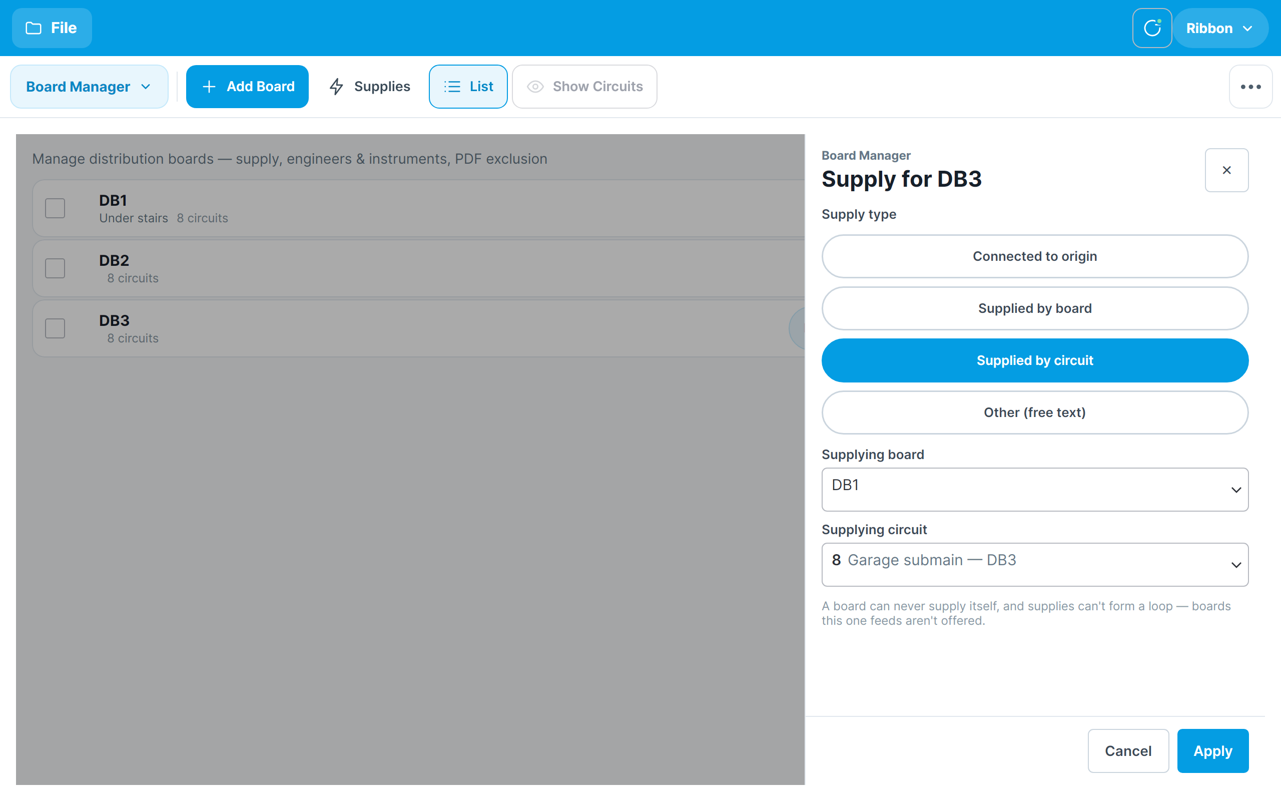 The supply picker offering the four ways a board can be supplied