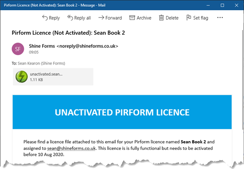 Email with the deactivated licence file attached.