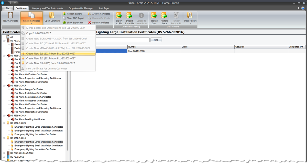 Shine Forms home screen showing creating a BS 5266-1:2025 form from a 2016 version