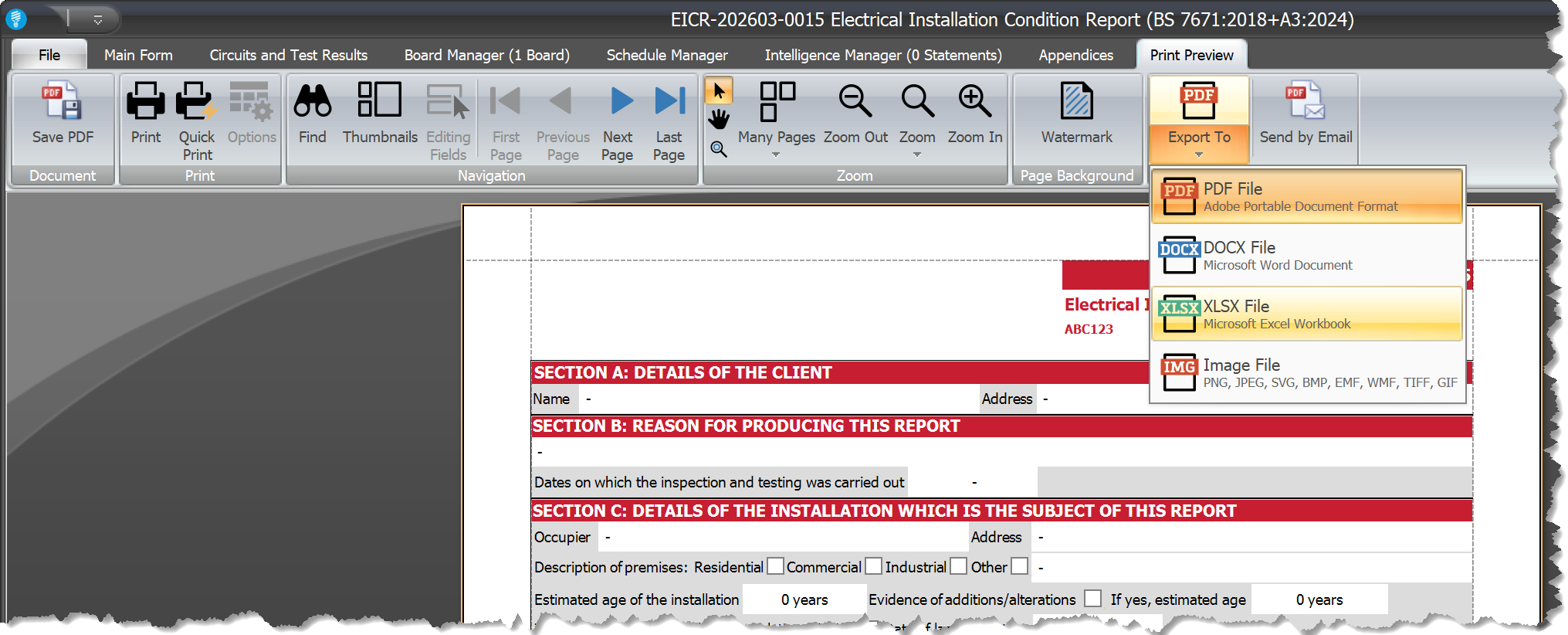 The Shine Form Print Preview screen showing the export menu