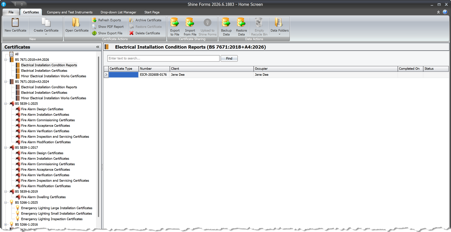 Home Screen showing the A4 certificates