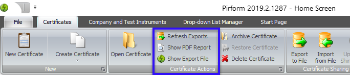 Home Screen showing export access buttons