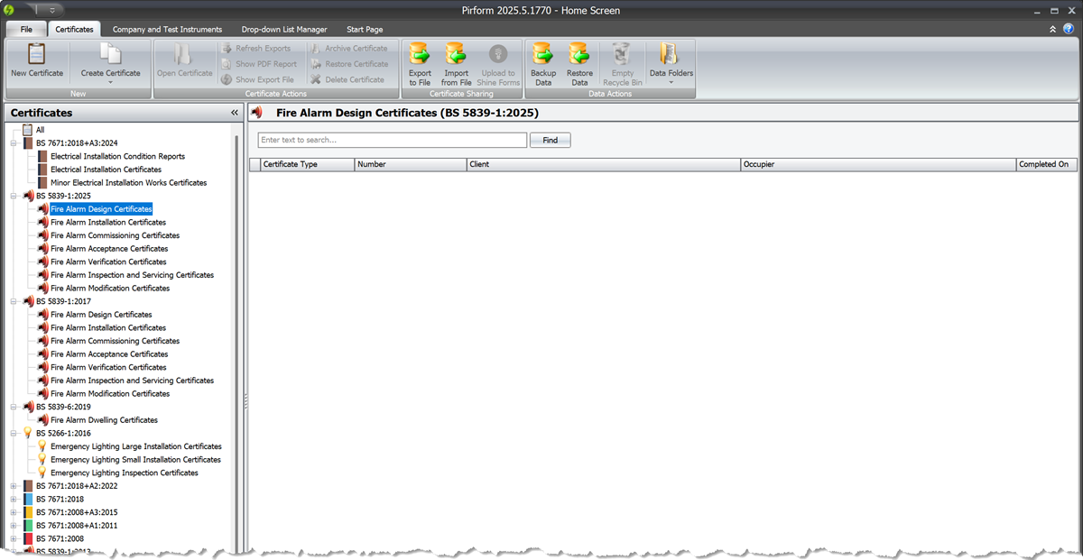 Pirform Home Screen showing the new fire alarm certificates