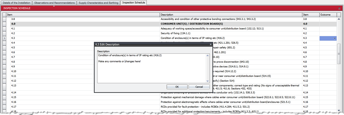 An inspection schedule item being edited