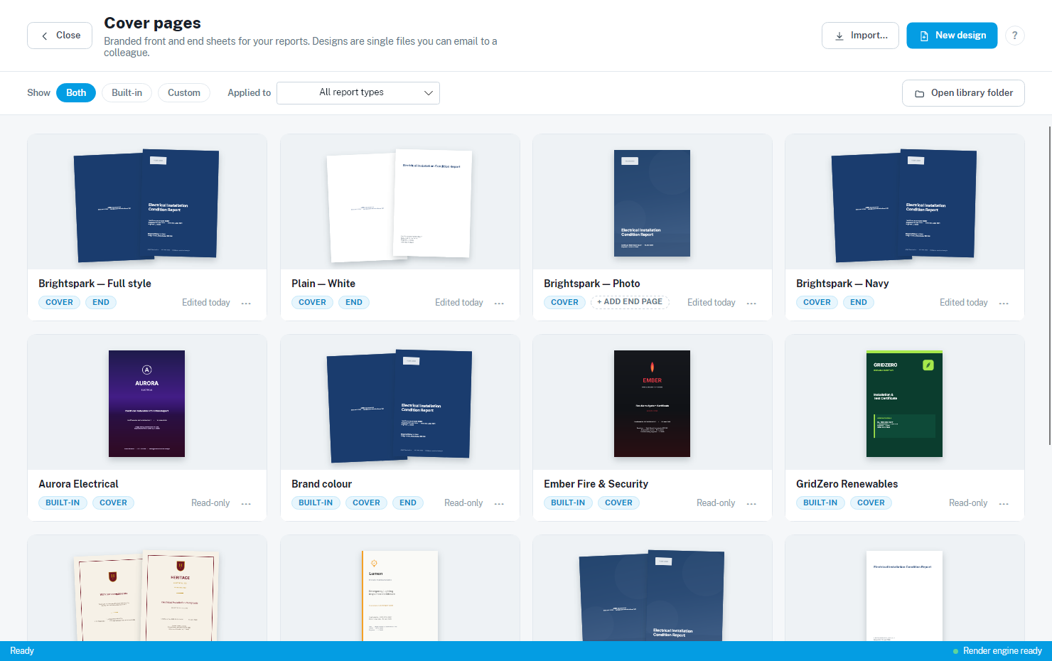 The Style Editor design library, showing built-in and custom designs