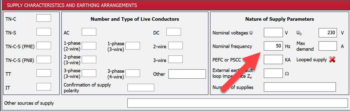 Supply parameters input screen showing the default value